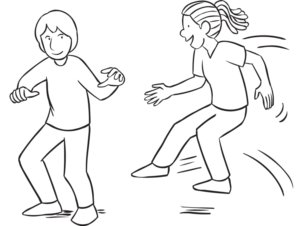 Girl attempting to jump on foot of boy in energetic game called Pretty Darn Quick