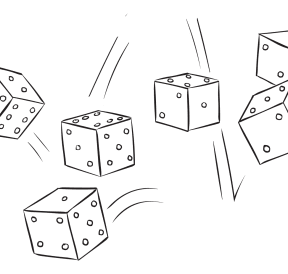 Six dice being rolled as part of the Farkel dice game