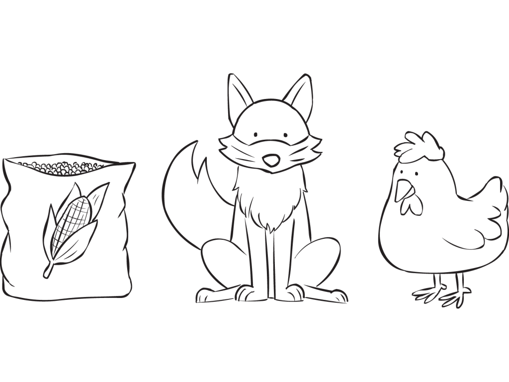 Illustrations of bag of corn, fox and chicken which form part of River Crossing team puzzle