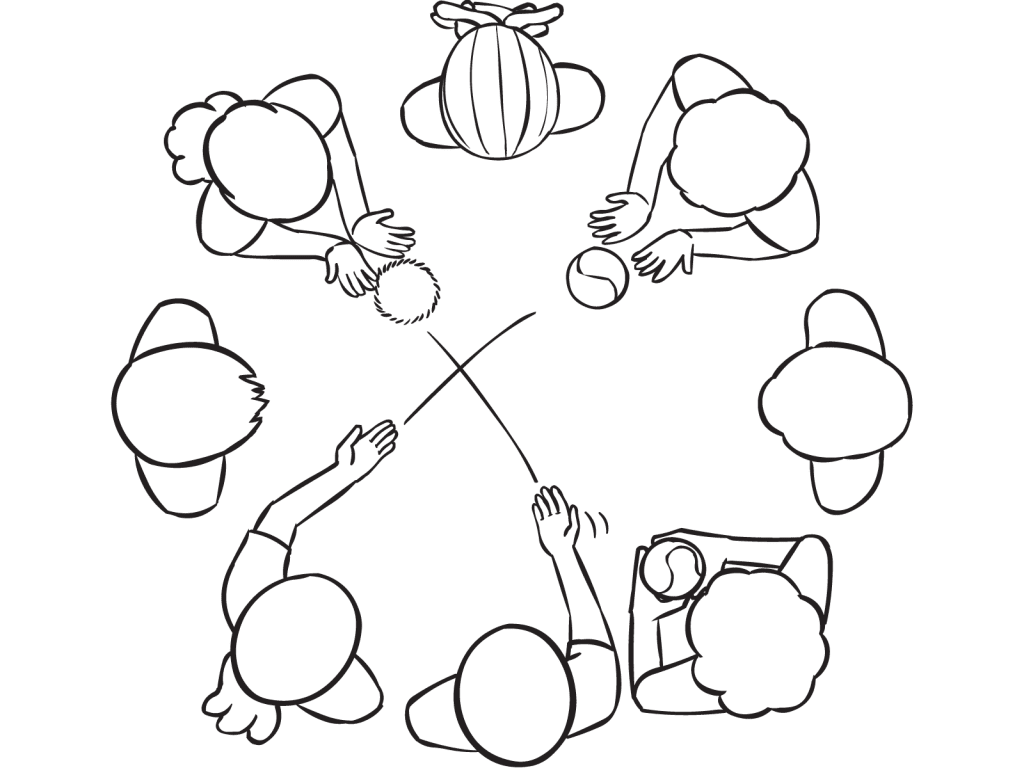 Group Juggle demonstration of passing a series of balls across a circle