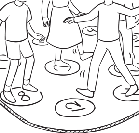 Pressure Cooker group initiative with people stepping on and off numbered spots