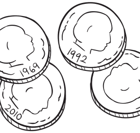 Four coins showing year of the coin
