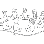 Illustration of group sitting inside rope Island of Healing circle for trust-building