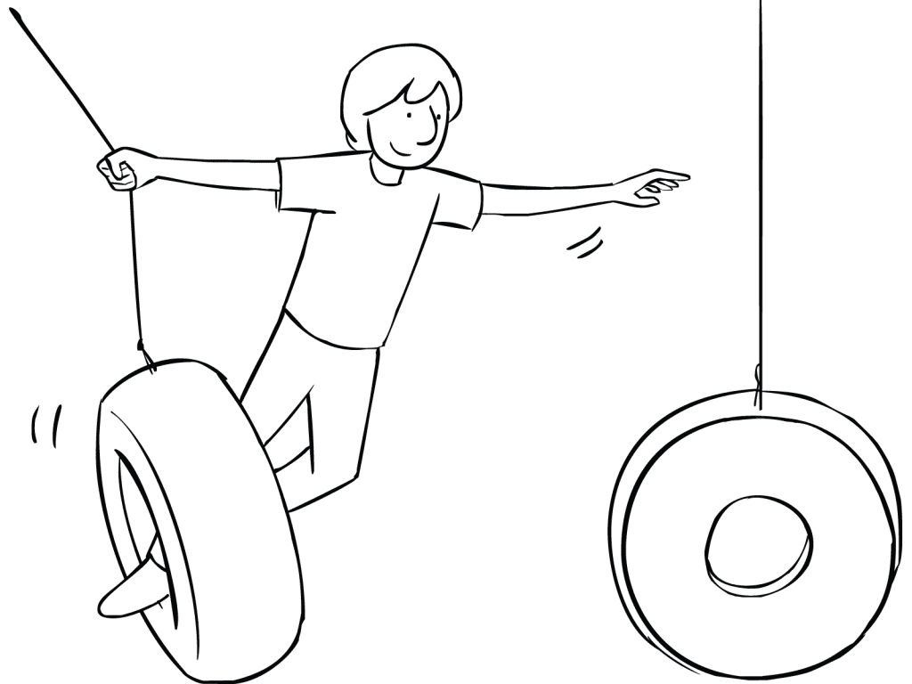 Illustration of man playing on Swinging Tyres challenge course element