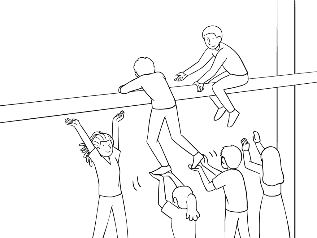 Illustration of group participating in The Beam challenge course element