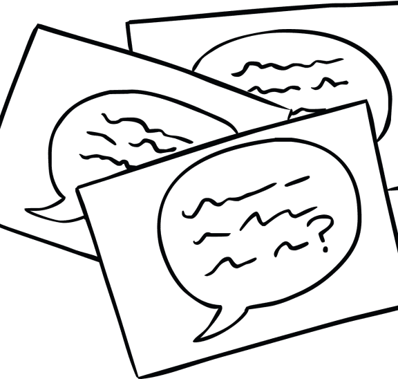 Three cards with talkee bubbles as used in daily icebreaker activity QOTD Question of the Day