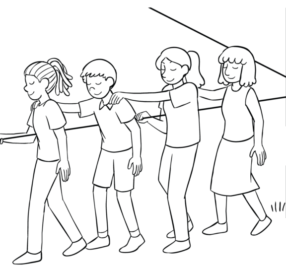 Four people blindfolded participating in blindfold team-building game Blind Maze