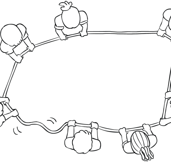 Birds eye view of group solving blind team activity Blind Polygon