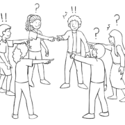 Groups of people pointing fingers in the fun guessing game of Detective