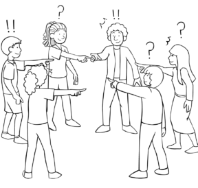 Groups of people pointing fingers in the fun guessing game of Detective