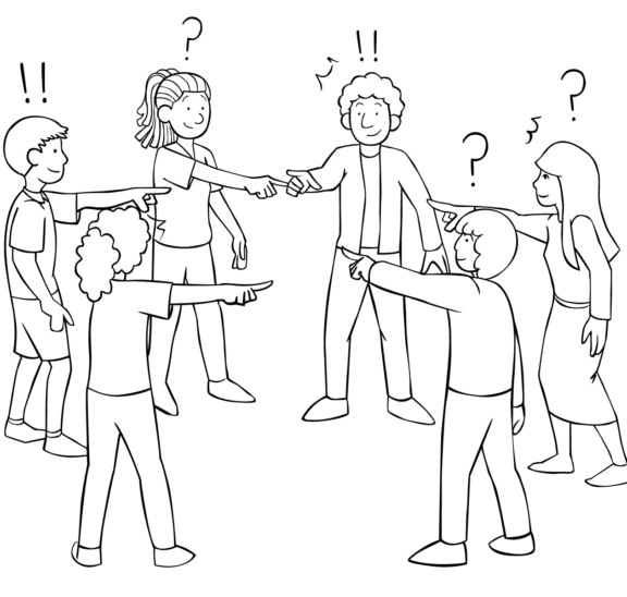 Groups of people pointing fingers in the fun guessing game of Detective